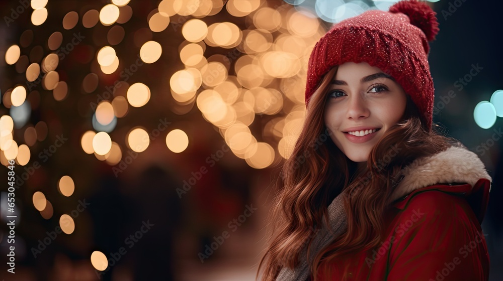 A cute young girl stands and smiles looking at the camera. Stay on Christmas Road to look at the snowy Christmas tree. A cute young girl stands and smiles looking at the camera. Stay on Christmas Road to look at the snowy Christmas tree.