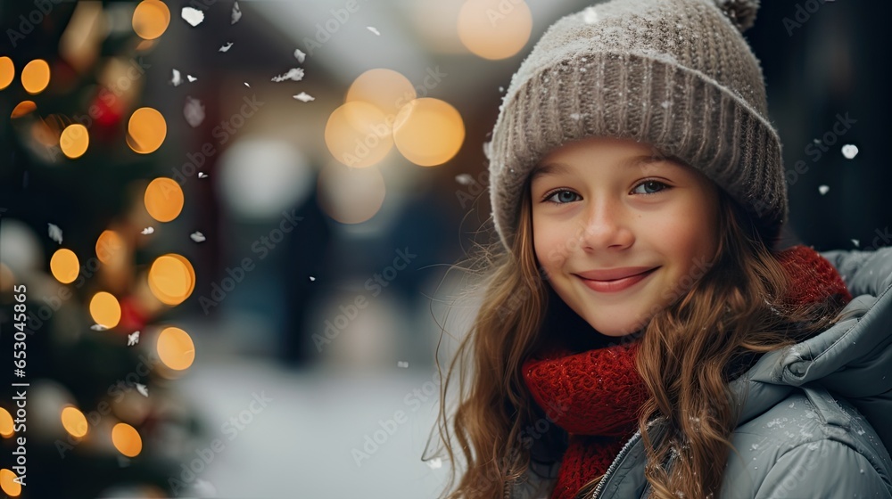 A cute young girl stands and smiles looking at the camera. Stay on Christmas Road to look at the snowy Christmas tree. A cute young girl stands and smiles looking at the camera. Stay on Christmas Road to look at the snowy Christmas tree.