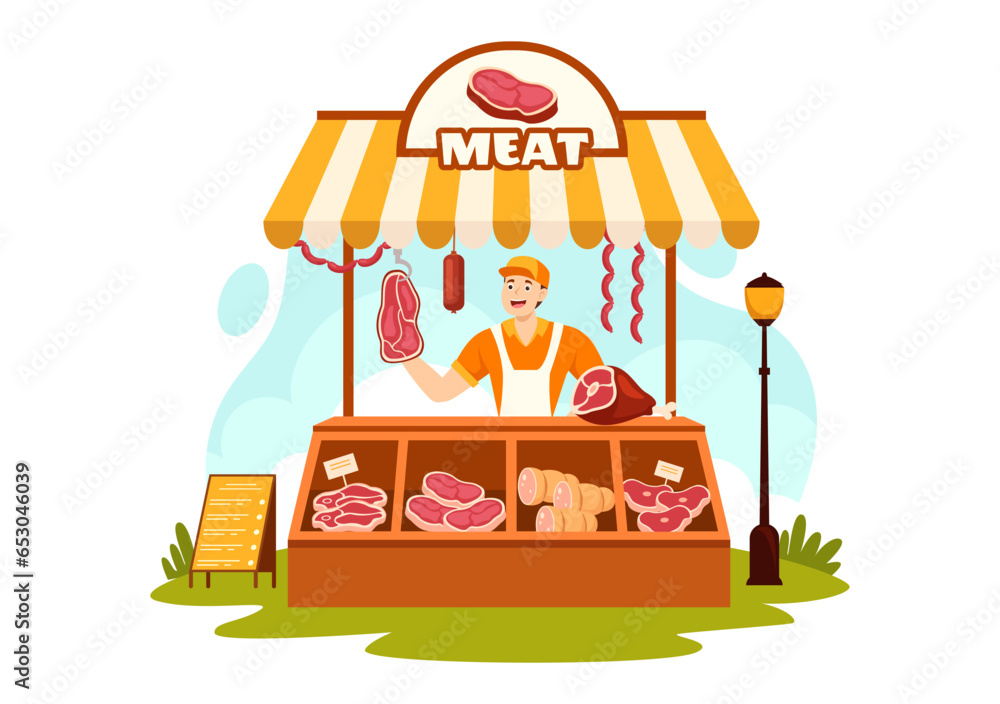 Meat Shop or market Vector Illustration with Various Fresh Meats ...