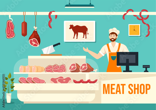Meat Shop or market Vector Illustration with Various Fresh Meats Products and Sausages of Beef Pork Chicken in Flat Cartoon Background Design