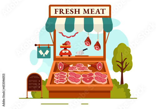 Meat Shop or market Vector Illustration with Various Fresh Meats Products and Sausages of Beef Pork Chicken in Flat Cartoon Background Design