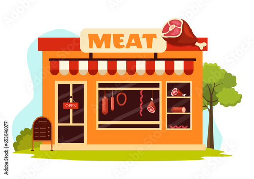 Meat Shop or market Vector Illustration with Various Fresh Meats Products and Sausages of Beef Pork Chicken in Flat Cartoon Background Design
