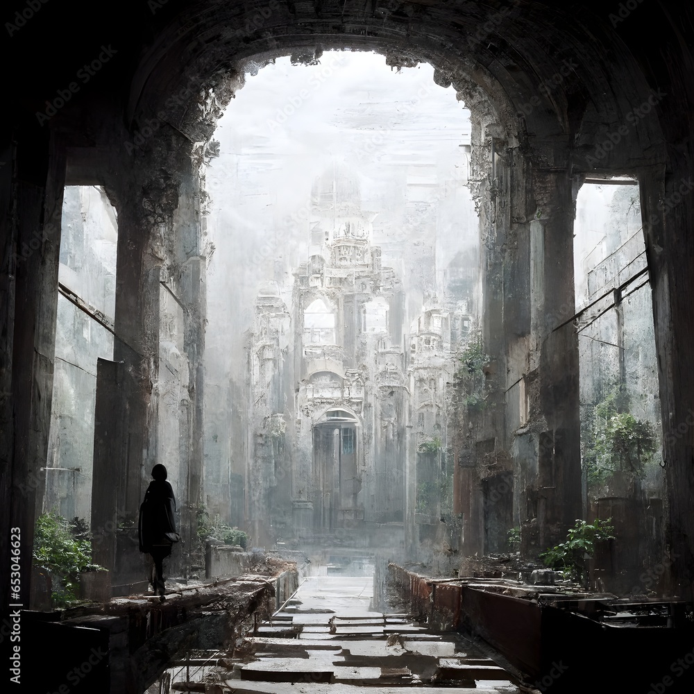 I ran for so long that I lost the knowledge of him I go into this abandoned city that emanates an atmosphere of restlessness of not being more aqui and find a place of calm linimal spaces ruin  - obrazy, fototapety, plakaty 