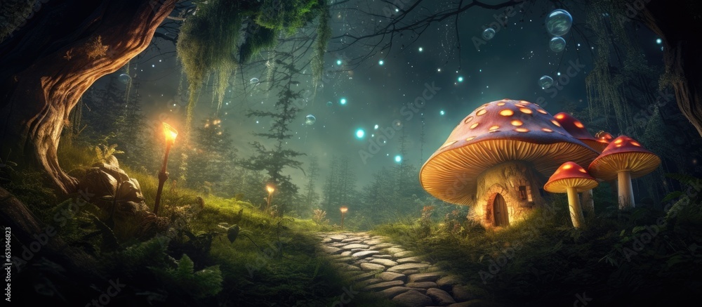Enchanting fantasy forest with giant mushrooms magical dwelling in pine tree hollow and sparkling fairytale butterflies - obrazy, fototapety, plakaty 