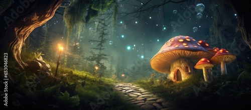 Enchanting fantasy forest with giant mushrooms magical dwelling in pine tree hollow and sparkling fairytale butterflies
