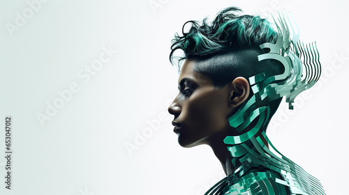 profile of an androgynous Indian person face on a white background with artificial intelligence and technological symbols