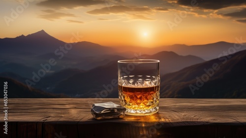 A whiskey glass and a bottle on a bar table In the background are mountains and a sea of mist at sunset. © somchai20162516