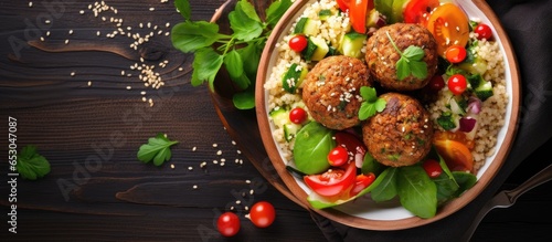 Buddha bowl with quinoa meatballs and salad on wooden table healthy and vegetarian