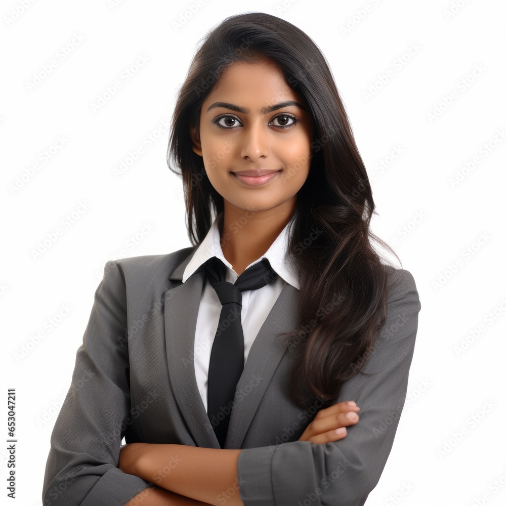 a closeup photo portrait of a beautiful young asian indian company office worker business woman smiling and looking straight. used for a ad. isolated on white background. square format. Generative AI a closeup photo portrait of a beautiful young asian indian company office worker business woman smiling and looking straight. used for a ad. isolated on white background. square format. Generative AI