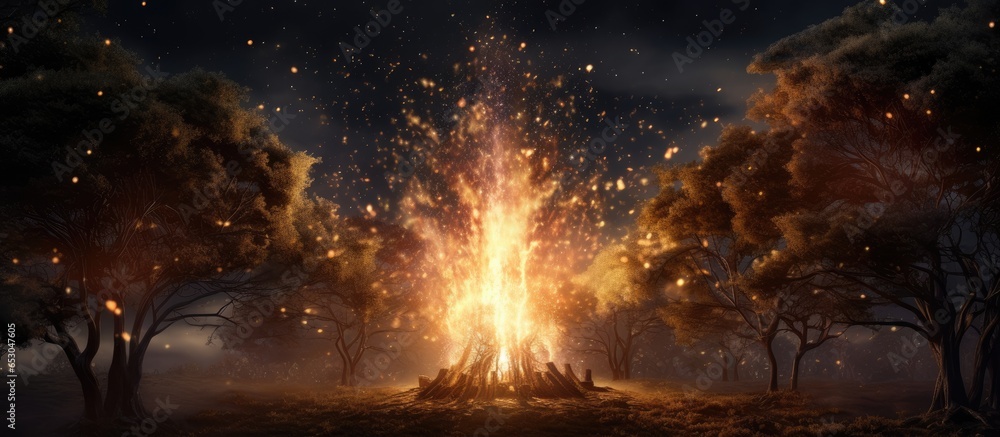 visualization of large bonfire with sparks and particles in front of wooded area and night sky