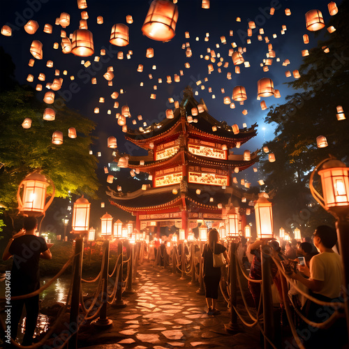 glowing lanterns illuminating the night sky, with silhouettes of people on a balcony enjoying the mesmerizing view. A traditional architectural 