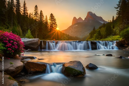 waterfall in mountains with trees at sunrise background, wallpaper