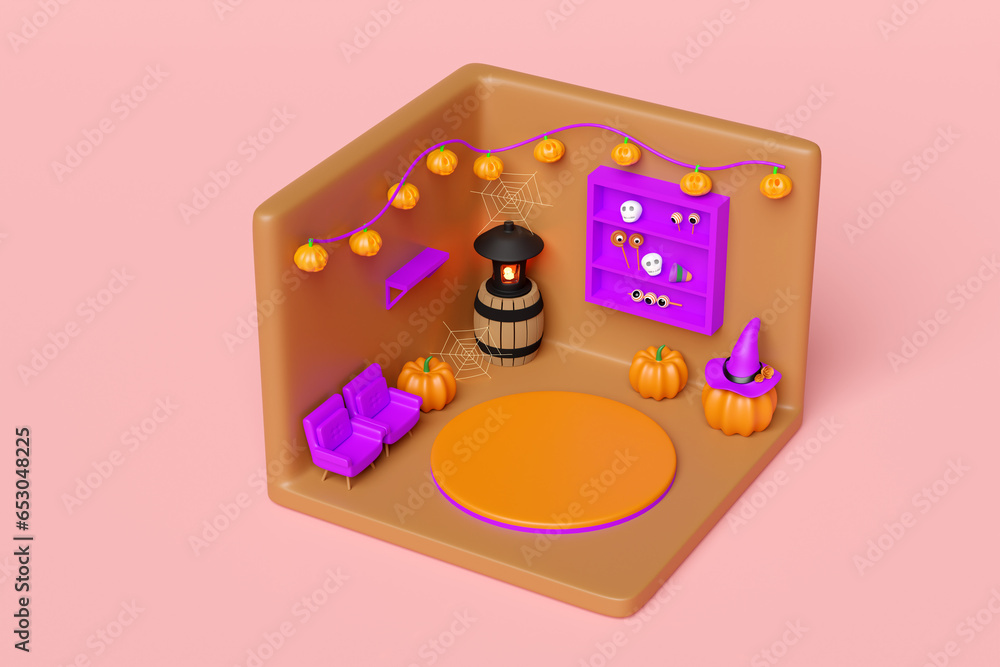 3d isometric room for halloween holiday party with cylinder stage podium empty, pumpkin head, lantern, skull, sofa, wooden barrel, hat isolated on pink background. 3d render illustration