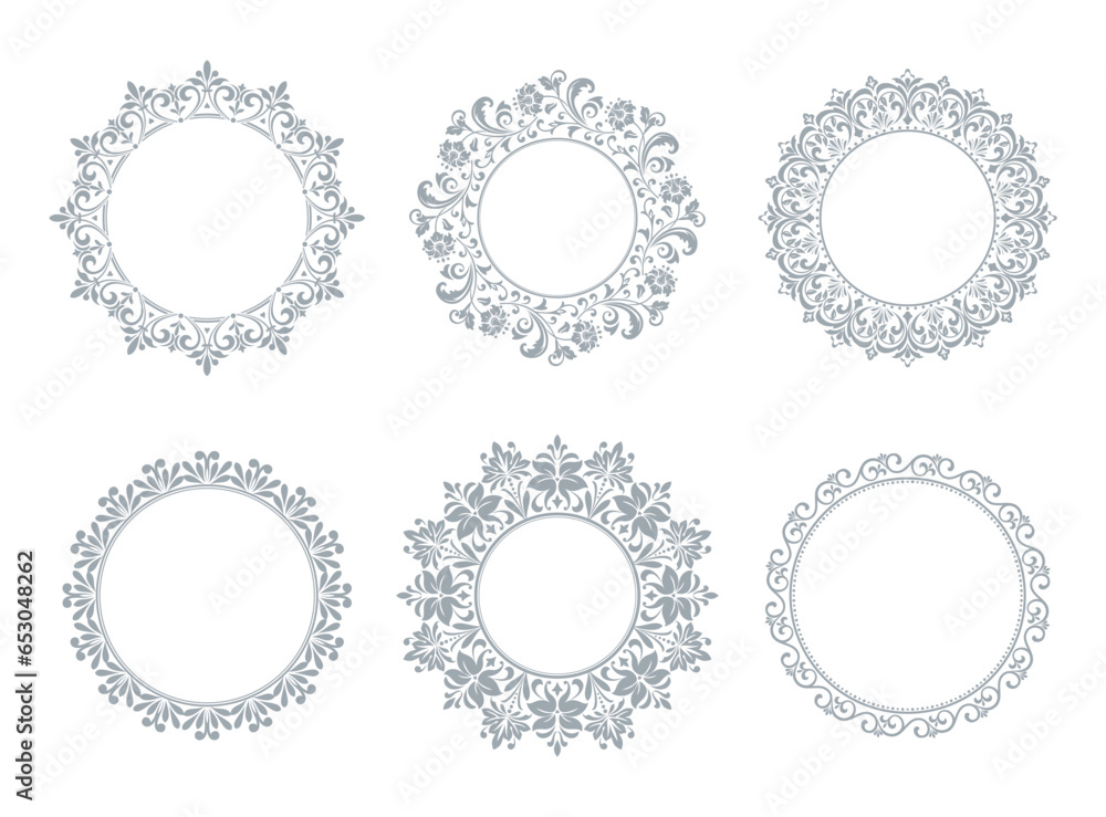 Set of decorative frames Elegant vector element for design in Eastern style, place for text. Floral gray and white borders. Lace illustration for invitations and greeting cards