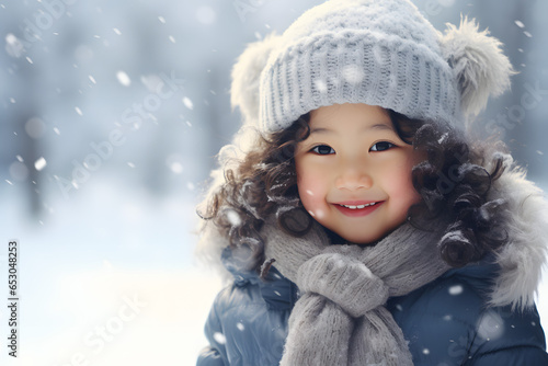 Little girl in fur coat and scarf smiling in the middle of snow falls
