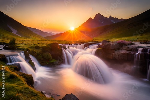 mountain river in the morning, waterfall in mountains at sunrise