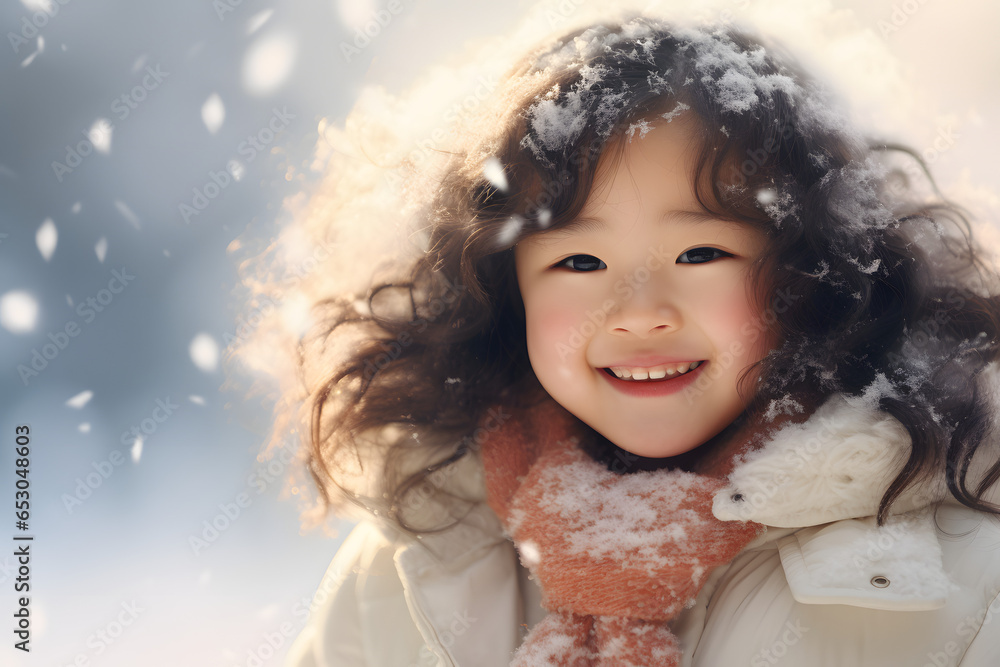 The Smiling Cute Little Girl, playing in winter with snow flakes, beautiful face child The Smiling Cute Little Girl, playing in winter with snow flakes, beautiful face child