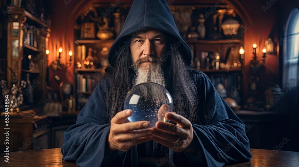 Wizard looking in crystal ball to predict future - obrazy, fototapety, plakaty 