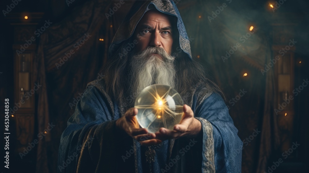 Wizard looking in crystal ball to predict future