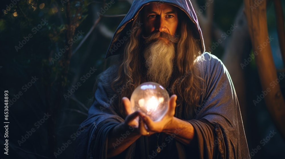 Wizard looking in crystal ball to predict future