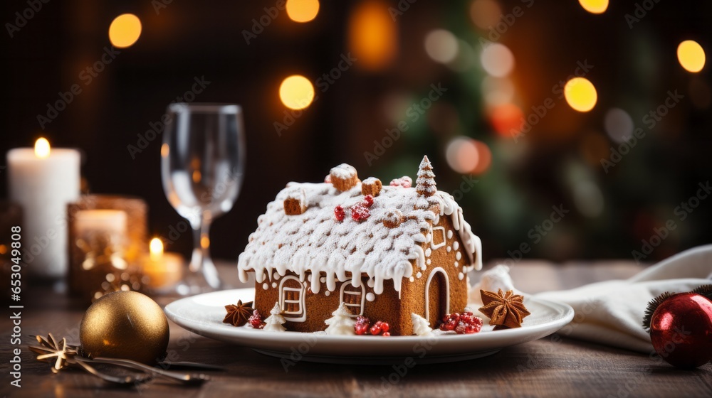 Photo of a beautifully decorated gingerbread house on a festive table created with Generative AI technology