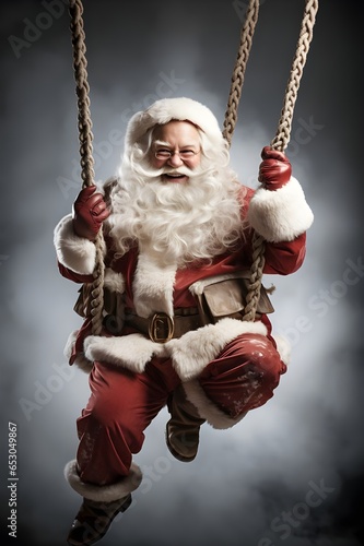 Santa Claus hanging on a rope, swinging on a rope.