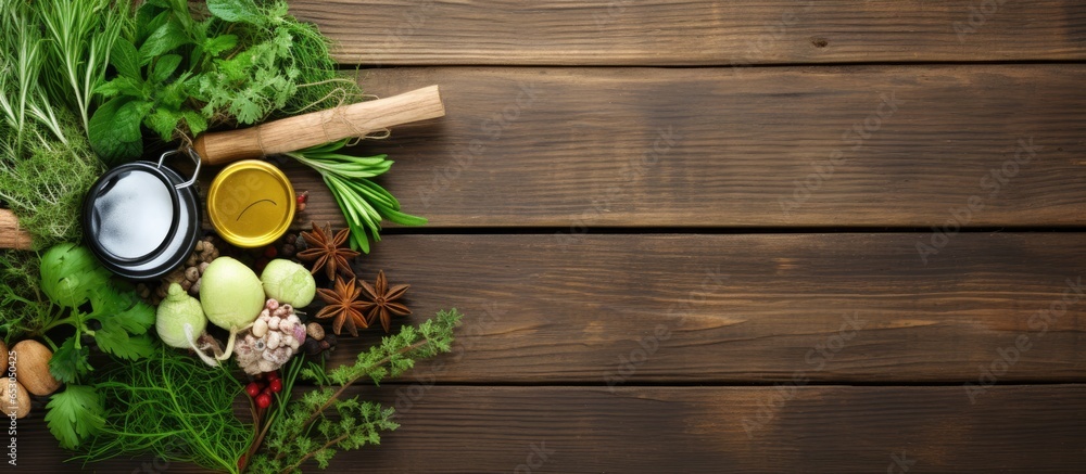 Alternative medicine concept portrayed with a wooden table fresh herb and stethoscope Alternative medicine concept portrayed with a wooden table fresh herb and stethoscope