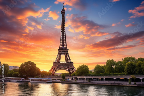 eiffel tower at sunset in paris photo