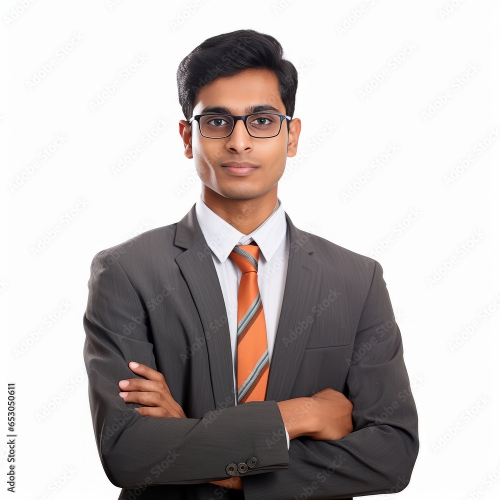 a closeup photo portrait of a handsome young asian indian company office worker business man smiling and looking straight. used for a ad. isolated on white background. square format. Generative AI a closeup photo portrait of a handsome young asian indian company office worker business man smiling and looking straight. used for a ad. isolated on white background. square format. Generative AI