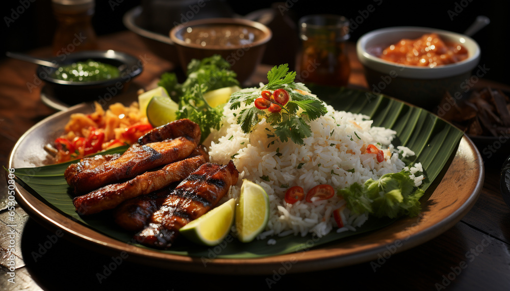 Grilled meat, fresh vegetables, cooked rice, healthy barbecue generated by AI Grilled meat, fresh vegetables, cooked rice, healthy barbecue generated by AI