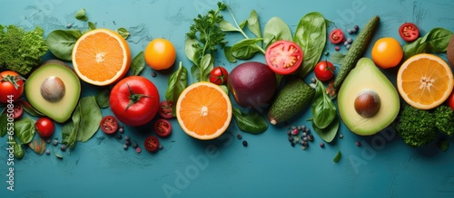Minimal healthy food concept portrayed through a creative arrangement of fruits vegetables and leaves on a bright background