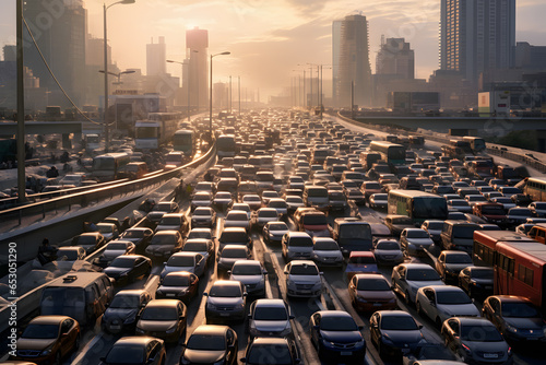 traffic jams on highways with lots of vehicles, crowds in the capital city and pollution caused by vehicles