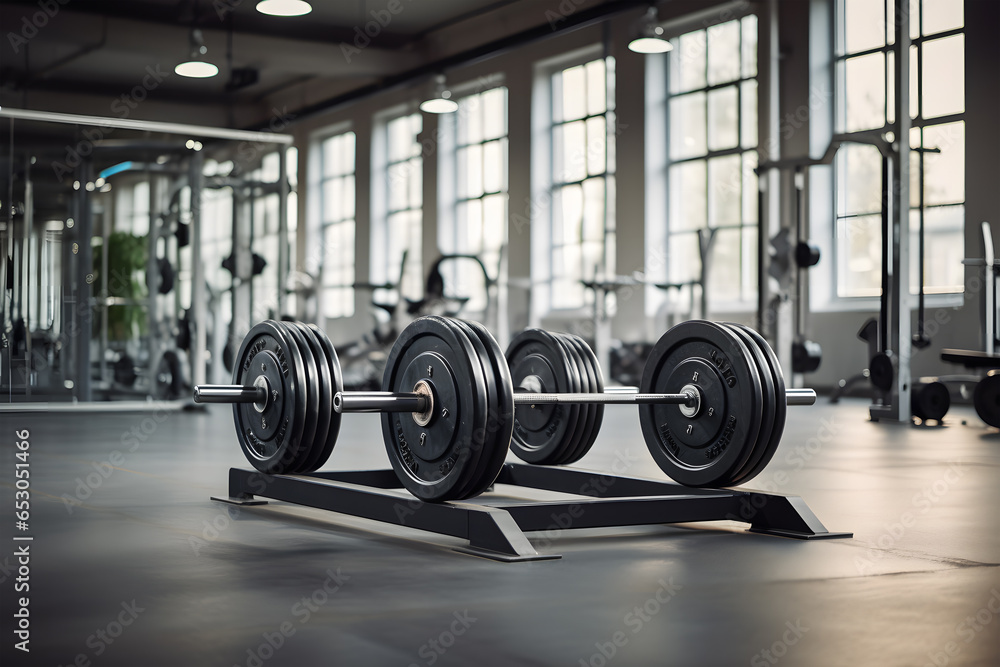 gym with barbells on racks, ready for a workout session. The primary focus is on two barbells loaded with weights, placed horizontally on a rack. gym with barbells on racks, ready for a workout session. The primary focus is on two barbells loaded with weights, placed horizontally on a rack.