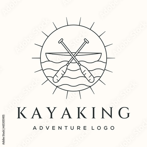kayak nature view line art logo vector minimalist illustration design, adventure kayak symbol design