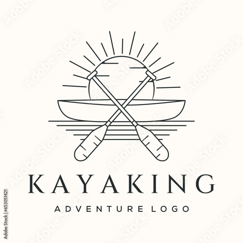 kayak water sport line art logo vector minimalist illustration design, traditional canoe logo design