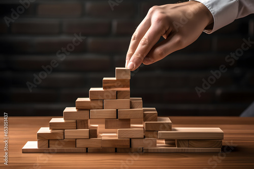 strategy enhancement scenario where a person is carefully placing wooden blocks to build a pyramid, symbolizing the meticulous planning and execution required in business photo