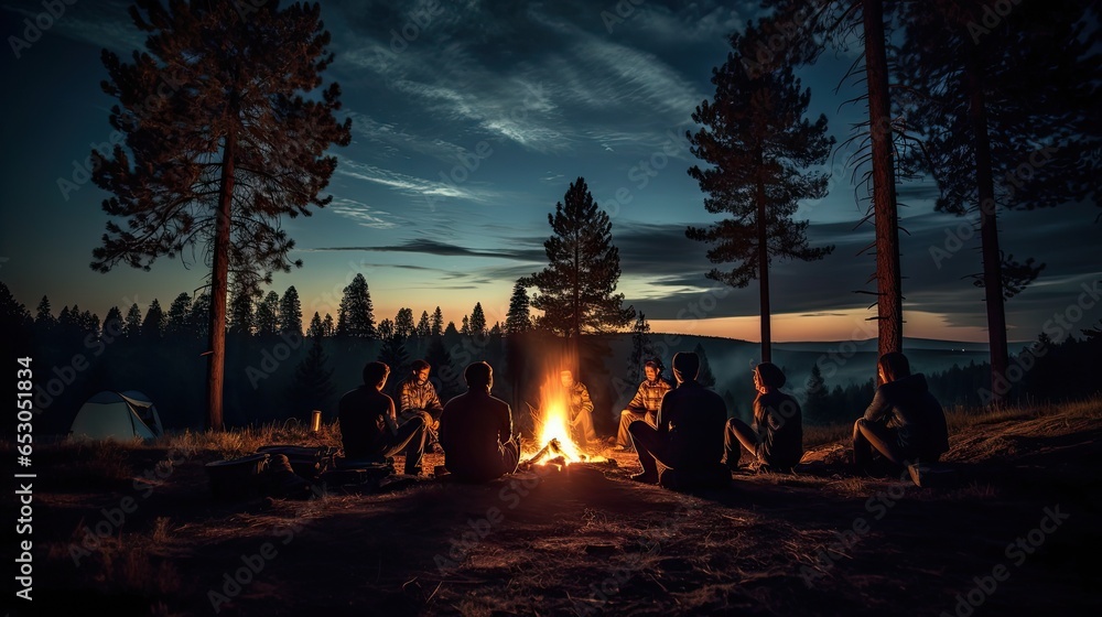 Camping in the pine forest Summer evening in the background sky with Milky Way stars. - obrazy, fototapety, plakaty 
