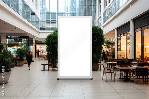 blank white billboard standing in the center of a spacious and well-lit shopping mall, ready for customized advertising content. The billboard is rectangular photo