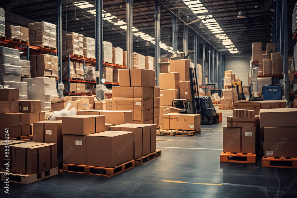 large warehouse filled with stacked cardboard boxes. The boxes are