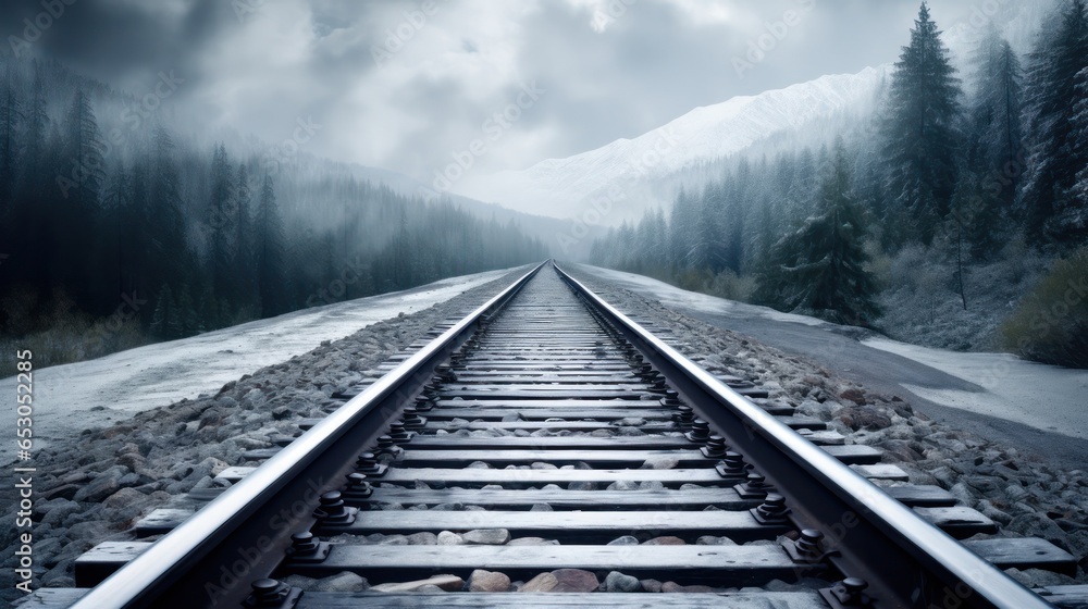 Fototapeta premium Empty Railroad Track Through a Foggy Snowy Forest in Winter
