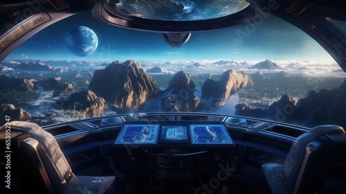 Fototapeta Naklejka Na Ścianę i Meble -  Spaceship futuristic interior with view on exoplanet