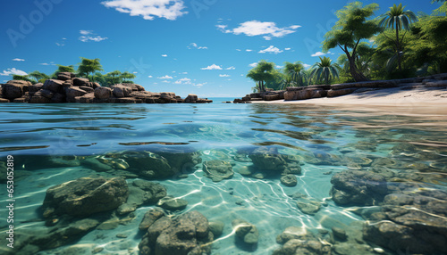 Tropical summer vacations underwater beauty, tranquil scene, palm tree generated by AI
