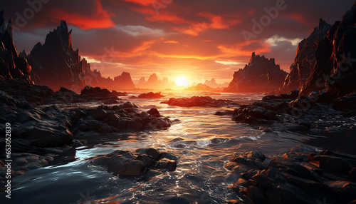 Sunset over the tranquil waters  majestic rock reflects nature beauty generated by AI