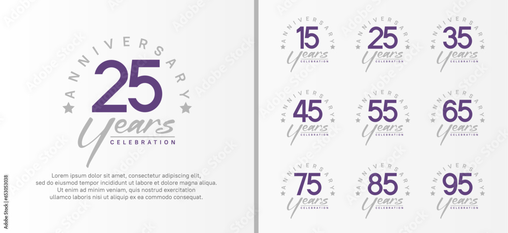 Naklejka premium set of anniversary logo flat purple color number and gray text on white background for celebration