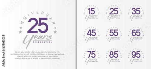 set of anniversary logo flat purple color number and gray text on white background for celebration
