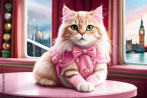 Pastel pink baby cat wearing glitter pink jacket sitting in a cafe , pink luxury cafe theme , window open with a london snowy view, realistic art, highly detailed , snow falling
