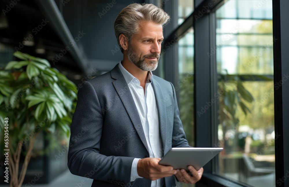 businessman holding pad in the office background. businessman holding pad in the office background.