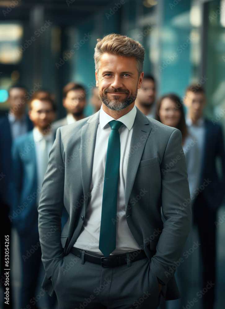 Businessman stands with other employees in the background, office stock photo