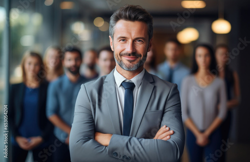 Boss standing with other employees in the background, office stock photo