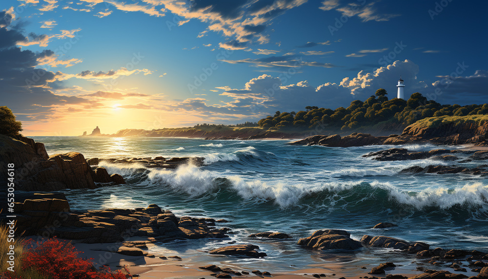 Sunset over the coastline, waves crash on rocky shores generated by AI